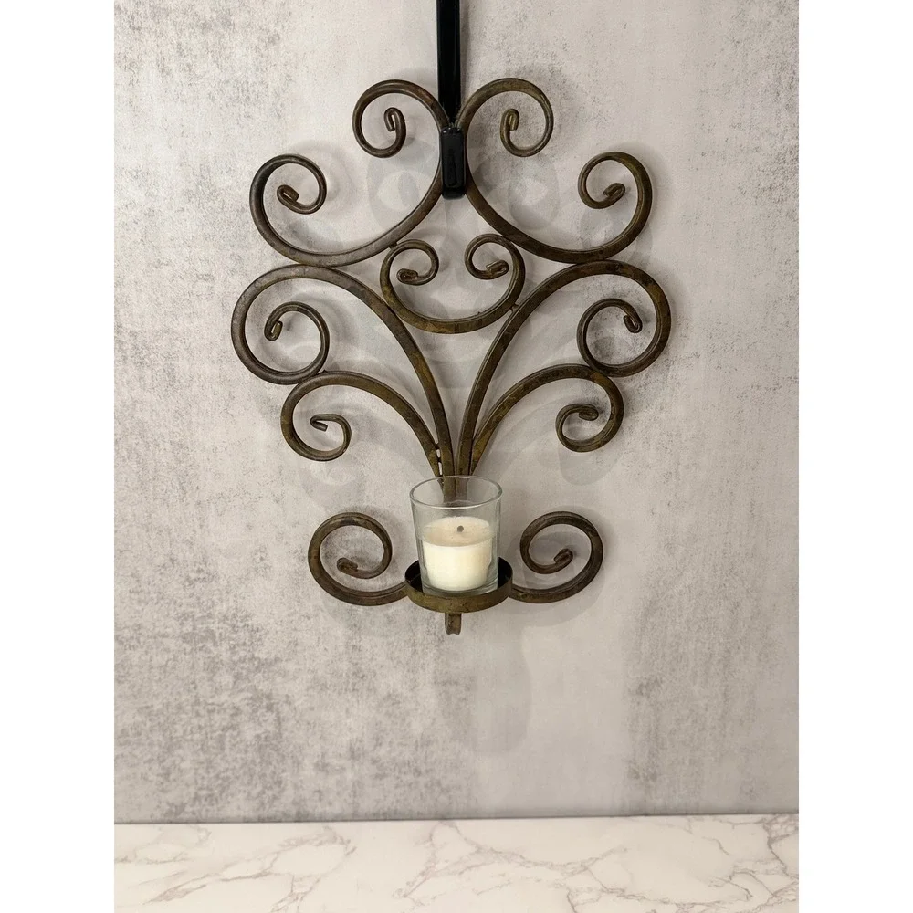 Wrought Iron Scroll Wall Sconce Candle Holder Distressed Bronze Metal Decor